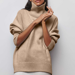 Women’s Iris turtleneck sweater in autumn style by Christine Brewer, featuring a cozy knit with a high neckline and long sleeves.