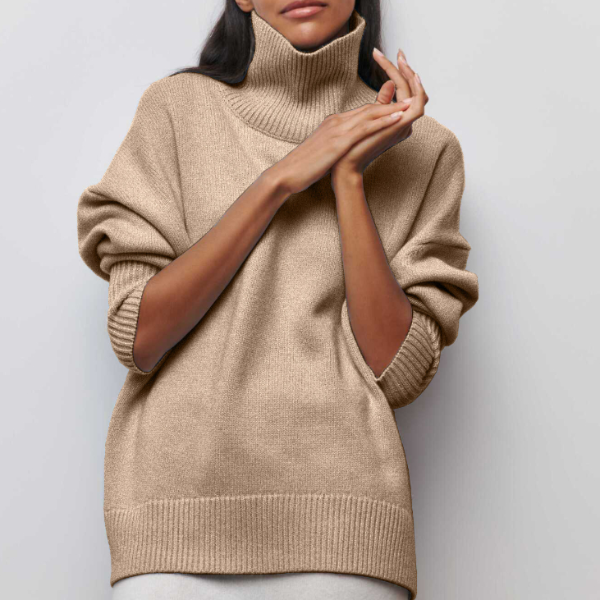 Women’s Iris turtleneck sweater in autumn style by Christine Brewer, featuring a cozy knit with a high neckline and long sleeves.