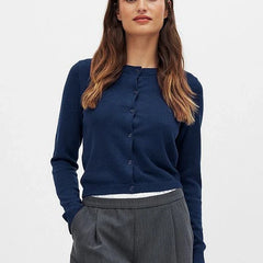 Finley knit cardigan for women by Christine Brewer, shown in a cozy, button-up design with long sleeves and a textured knit pattern.