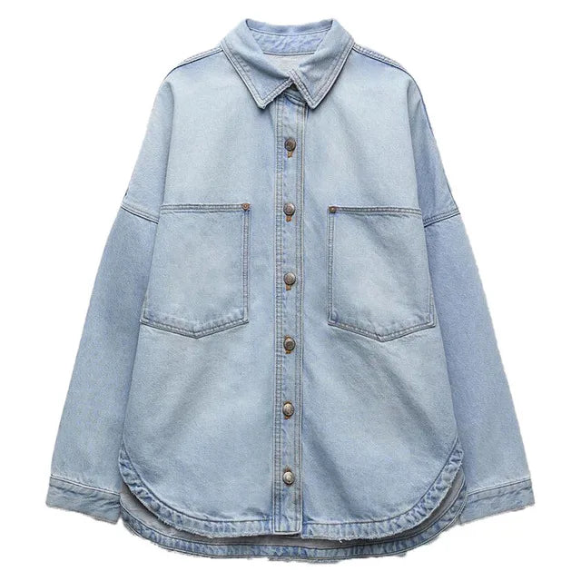 Nora relaxed denim shirt jacket for women by Christine Brewer, featuring classic blue denim with a casual, comfortable fit.