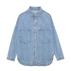 Relaxed denim shirt jacket for women by Christine Brewer, featuring classic fit and casual style in medium wash denim.