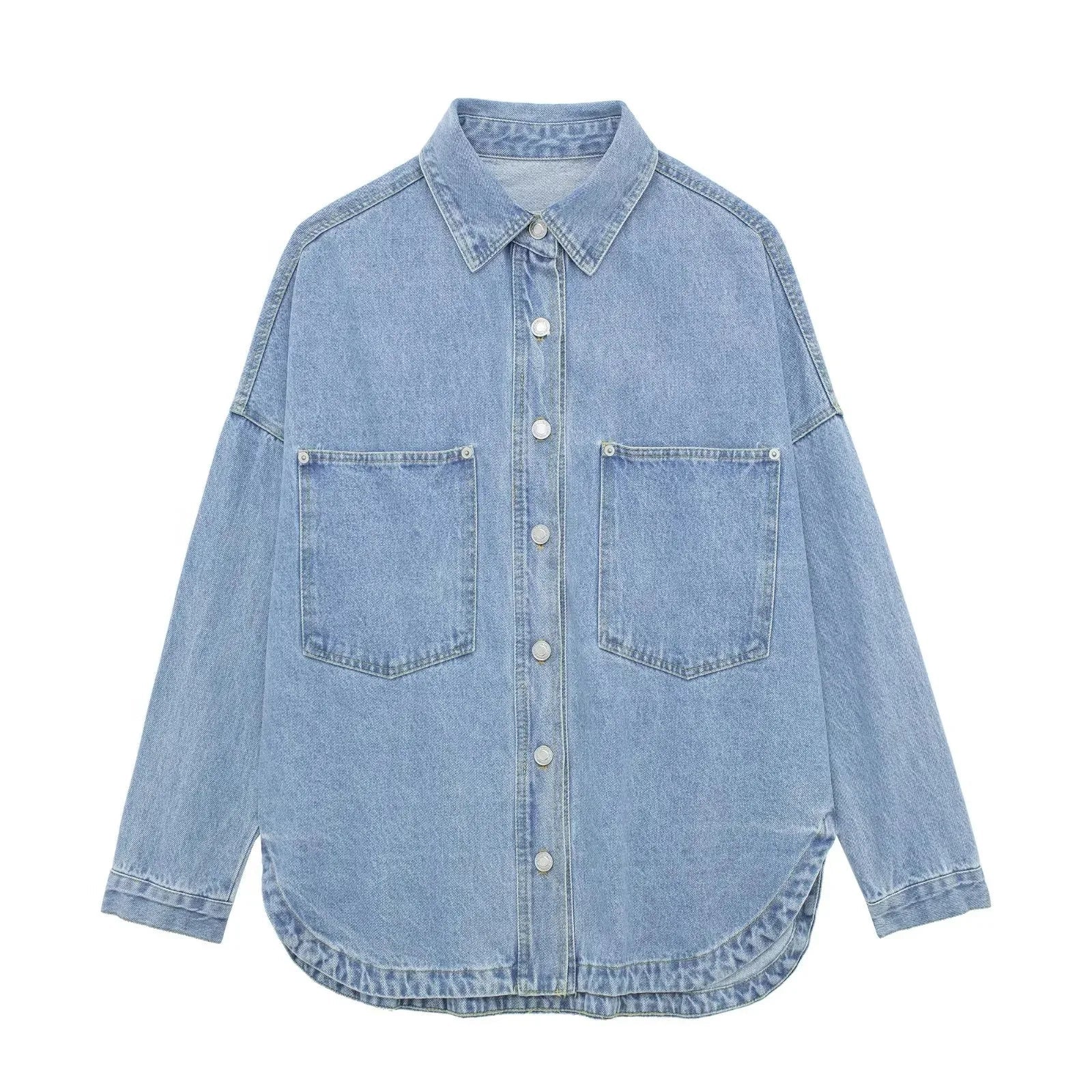 Relaxed denim shirt jacket for women by Christine Brewer, featuring classic fit and casual style in medium wash denim.