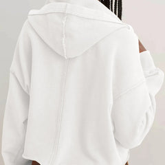 Eleanor cropped hoodie for women by Christine Brewer, shown in soft fabric with a relaxed fit, featuring a hood and long sleeves.