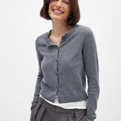 Finley knit cardigan for women by Christine Brewer, featuring cozy, textured wool blend with long sleeves and button closure.