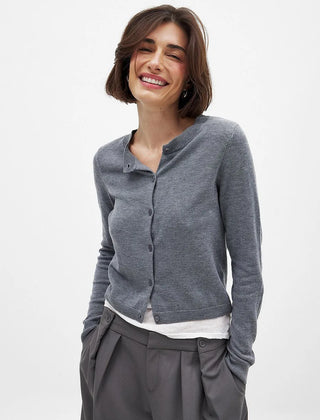 Finley knit cardigan for women by Christine Brewer, featuring cozy, textured wool blend with long sleeves and button closure.