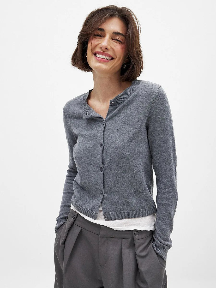 Finley knit cardigan for women by Christine Brewer, featuring cozy, textured wool blend with long sleeves and button closure.