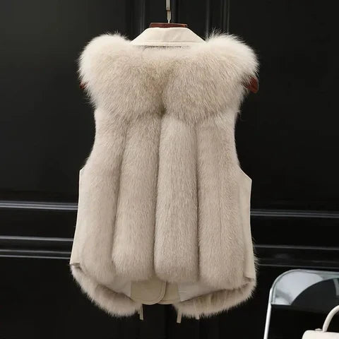 Kendall fluffy faux fur gilet for women, Christine Brewer #1946 Megane, shown in a cozy, plush fur design