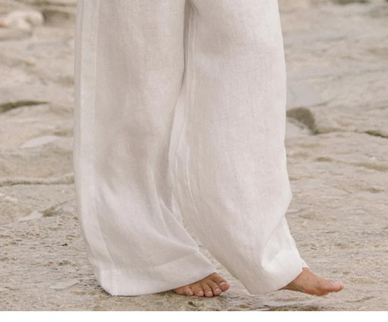 Women’s linen wide-leg trousers by Christine Brewer, loose pull-on pants with relaxed fit, light and breathable fabric.