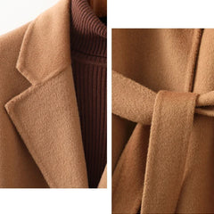 Olivia long belted wool coat for women in neutral color, featuring a tailored fit and classic design by Christine Brewer.
