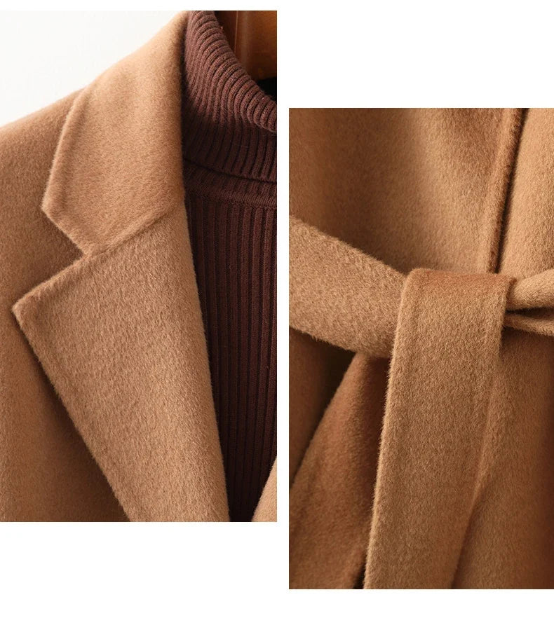 Olivia long belted wool coat for women in neutral color, featuring a tailored fit and classic design by Christine Brewer.