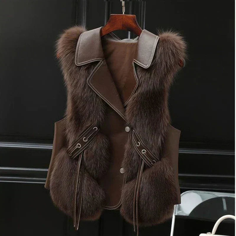 Kendall fluffy faux fur gilet for women in soft cream, featuring plush texture and sleeveless design by Christine Brewer.