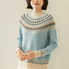 Christine Brewer Jolene cashmere mock neck sweater for women, soft beige knit with high neckline and cozy fit.