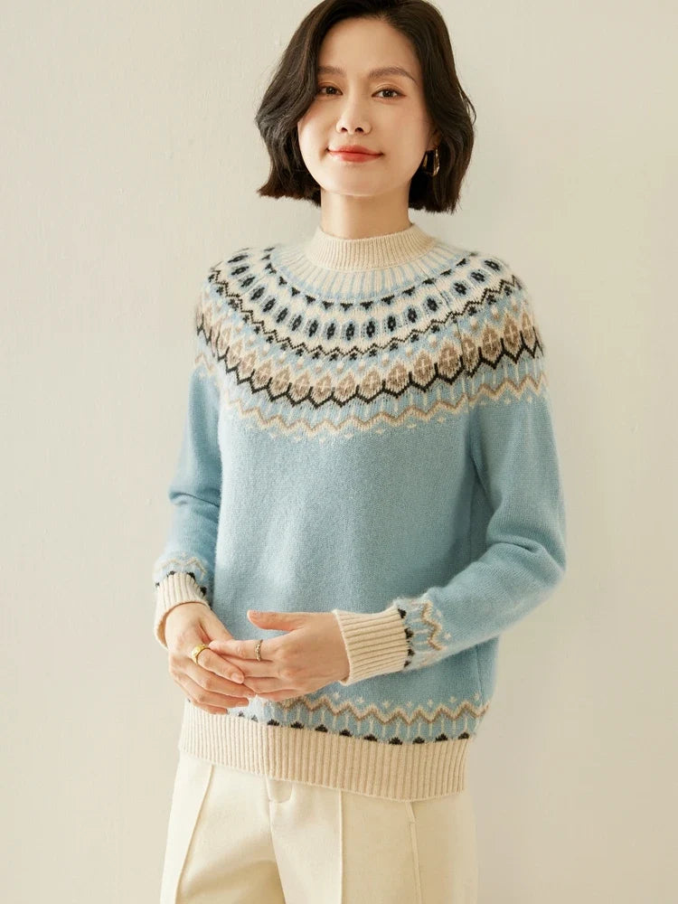 Christine Brewer Jolene cashmere mock neck sweater for women, soft beige knit with high neckline and cozy fit.