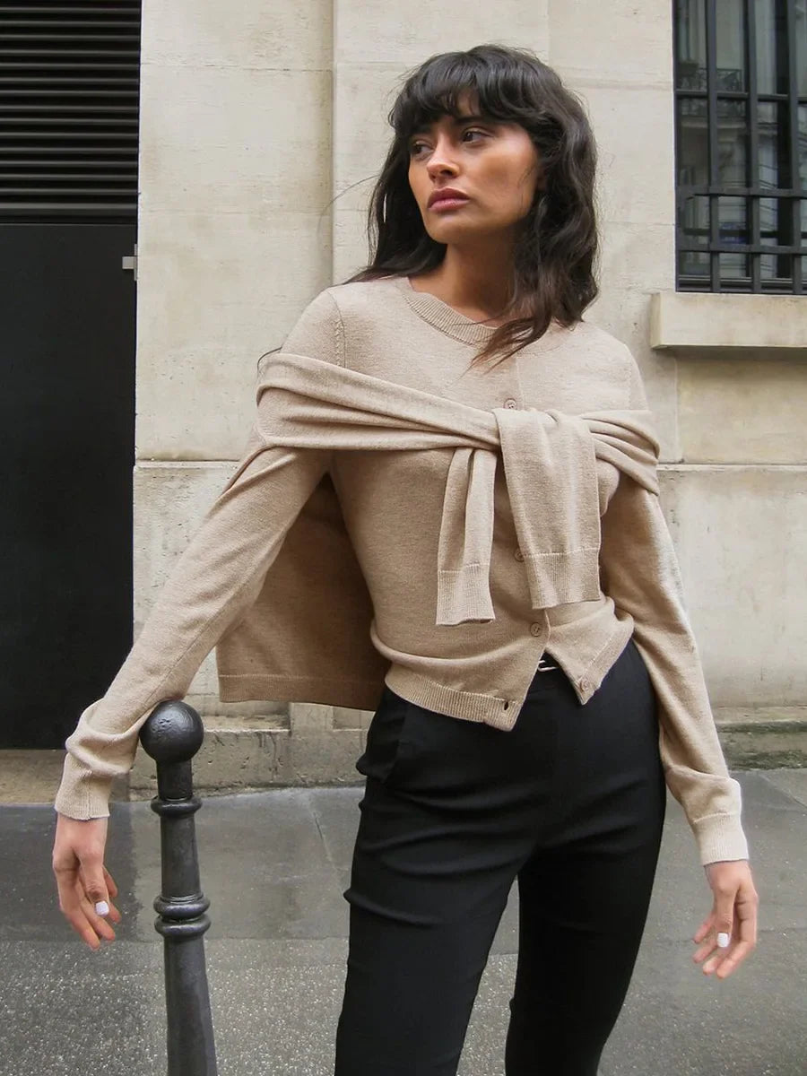 Women’s knit cardigan by Christine Brewer, the Finley model, featuring a soft, cozy design in a stylish knit fabric.