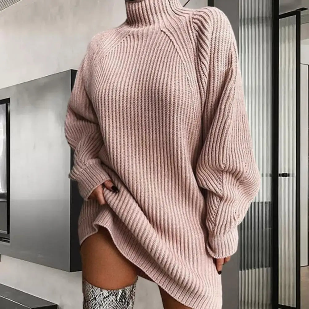 Christine Brewer Esther women's turtleneck knit sweater dress shown in a cozy, stylish black dress with ribbed detailing.