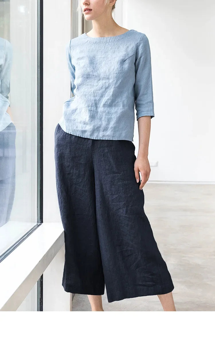 Light beige linen cropped wide-leg drawstring pants for women with a loose fit and comfortable pull-on style by Christine Brewer