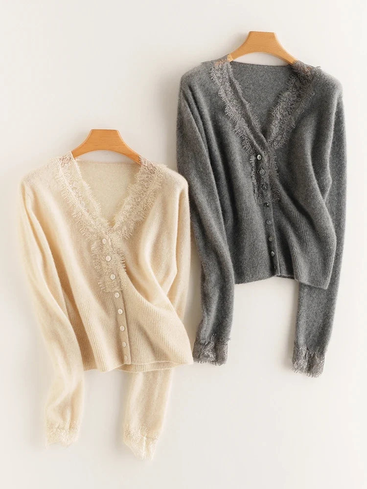 Elsa cashmere cardigan for women by Christine Brewer, soft beige knit sweater with a relaxed fit and button closure.