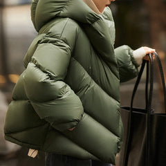 Christine Brewer Grace cropped hooded puffer jacket for women, featuring a lightweight, quilted design with a hood and stylish fit.