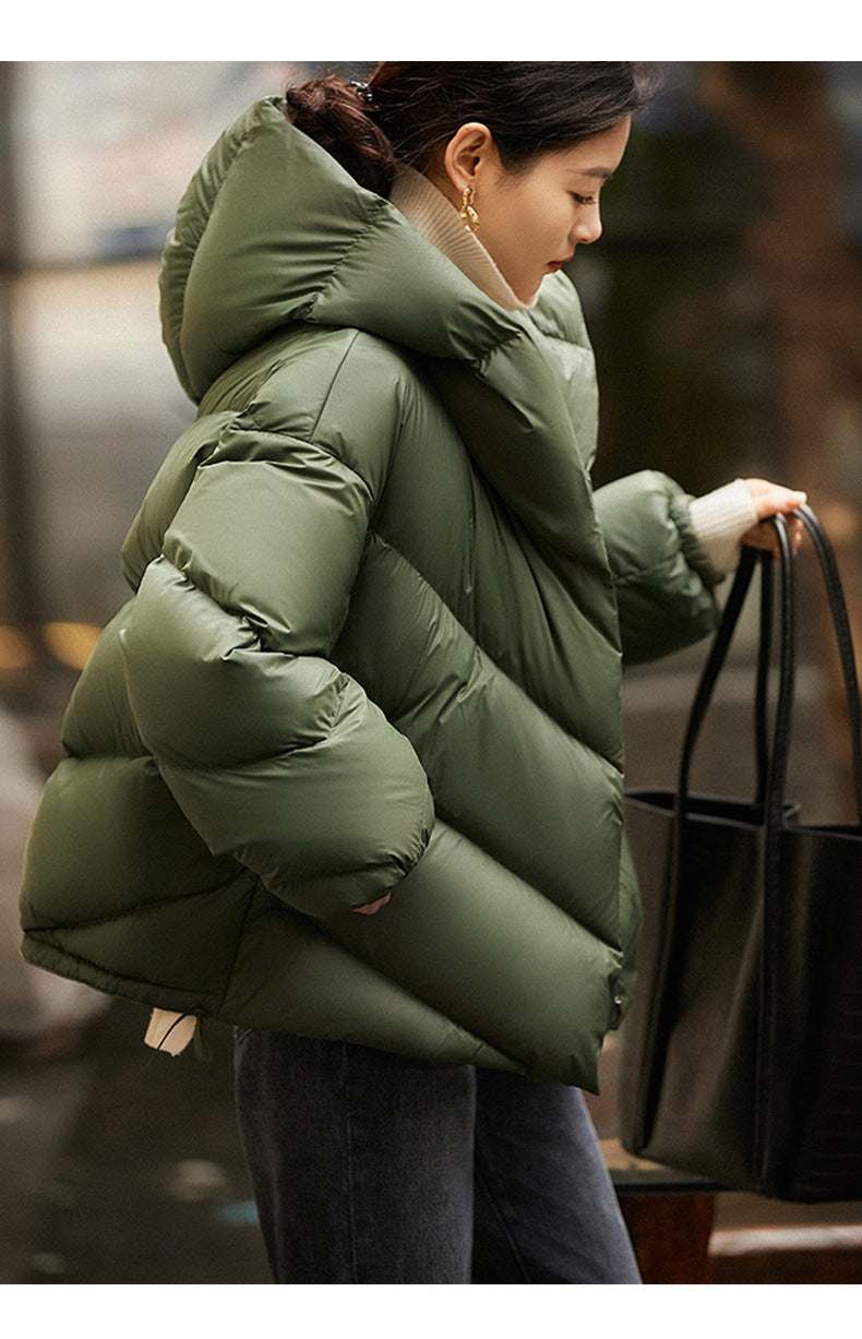 Christine Brewer Grace cropped hooded puffer jacket for women, featuring a lightweight, quilted design with a hood and stylish fit.
