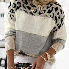 Leopard print graphic sweater for women by Christine Brewer, featuring a stylish and cozy design with bold animal print.