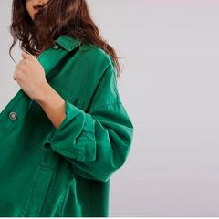 Charlotte oversized denim shirt jacket for women by Christine Brewer, featuring classic blue denim and relaxed fit.