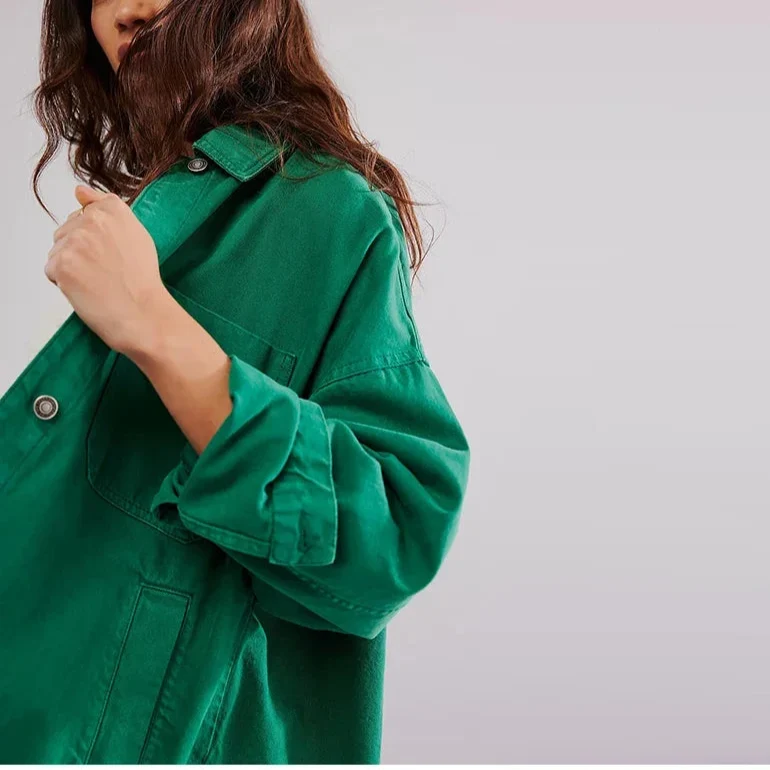 Charlotte oversized denim shirt jacket for women by Christine Brewer, featuring classic blue denim and relaxed fit.