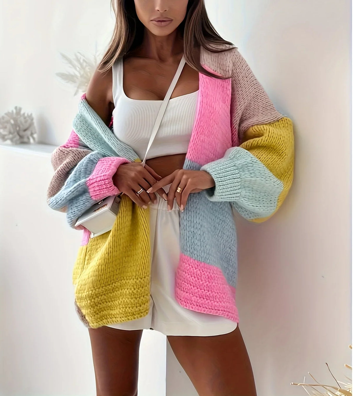 Nola | Knit Cardigan Sweater Color Block Patchwork Oversized Button Front V-Neck Women Winter Long
