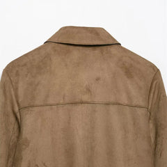 Hazel faux suede cropped jacket for women by Christine Brewer, shown in a stylish, fitted design with long sleeves and a collar.