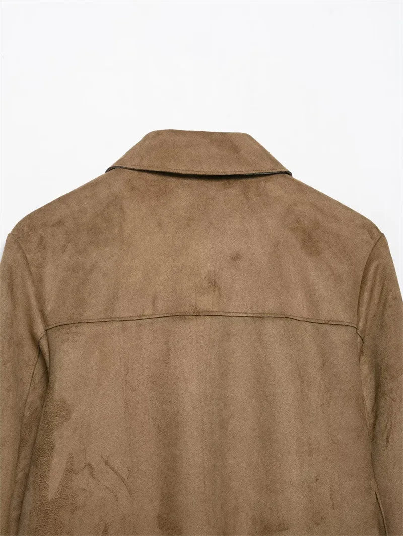 Hazel faux suede cropped jacket for women by Christine Brewer, shown in a stylish, fitted design with long sleeves and a collar.