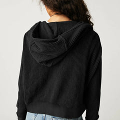 Mia cropped hooded hoodie for women by Christine Brewer, featuring a relaxed fit and drawstring hood in soft fabric.