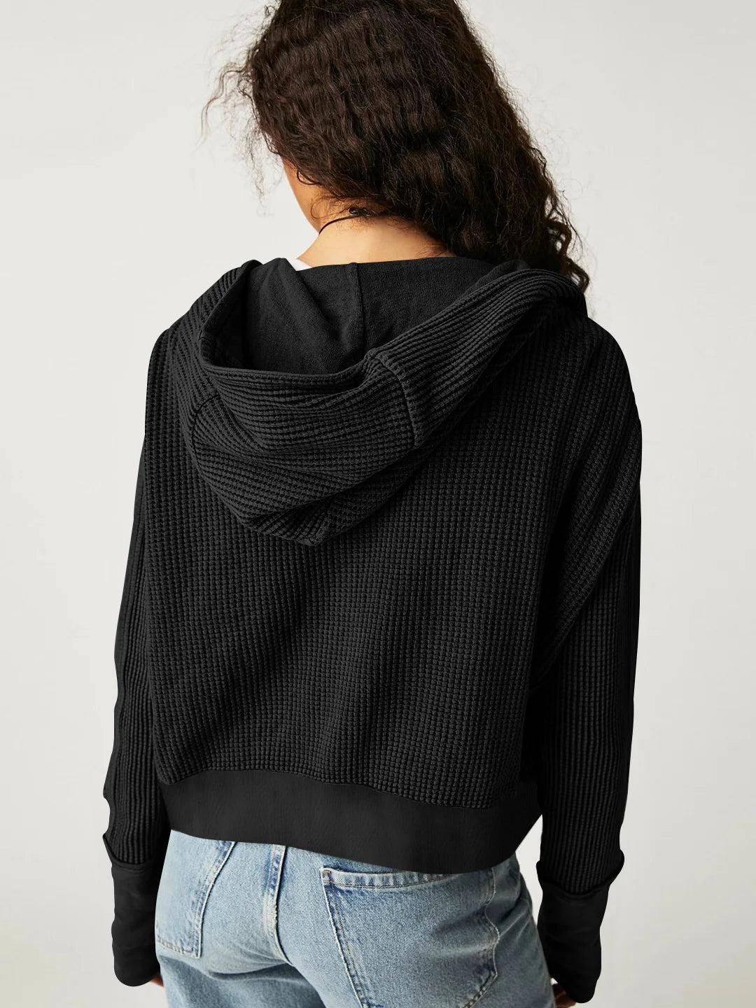 Mia cropped hooded hoodie for women by Christine Brewer, featuring a relaxed fit and drawstring hood in soft fabric.
