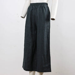 Linen cropped wide-leg drawstring trousers for women by Christine Brewer, loose pull-on style, light and breathable fabric.