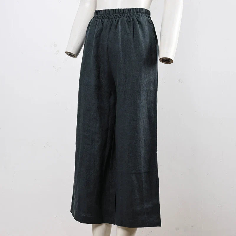 Linen cropped wide-leg drawstring trousers for women by Christine Brewer, loose pull-on style, light and breathable fabric.