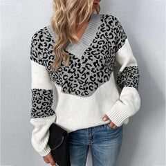 Hailey V-neck leopard print sweater for women by Christine Brewer, featuring a cozy fit and stylish animal print pattern.