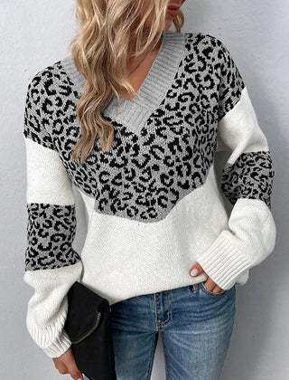 Hailey V-neck leopard print sweater for women by Christine Brewer, featuring a cozy fit and stylish animal print pattern.
