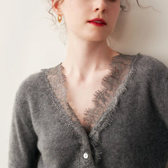 Elsa cashmere cardigan for women by Christine Brewer, soft beige knit with long sleeves and button closure.