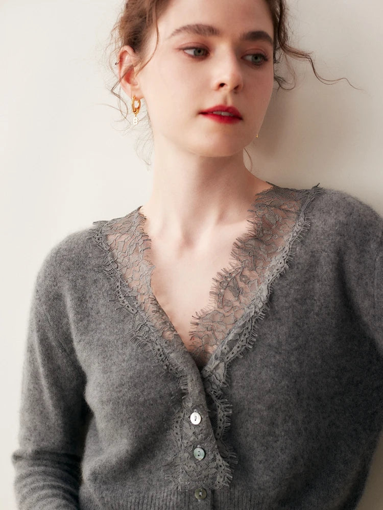 Elsa cashmere cardigan for women by Christine Brewer, soft beige knit with long sleeves and button closure.
