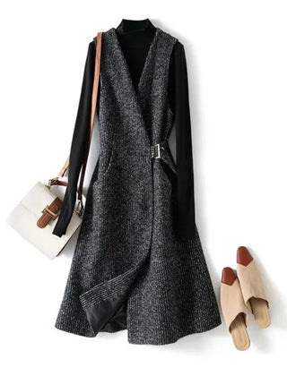 Longline tweed coat for women featuring a belt, styled by Christine Brewer, in a classic textured fabric.