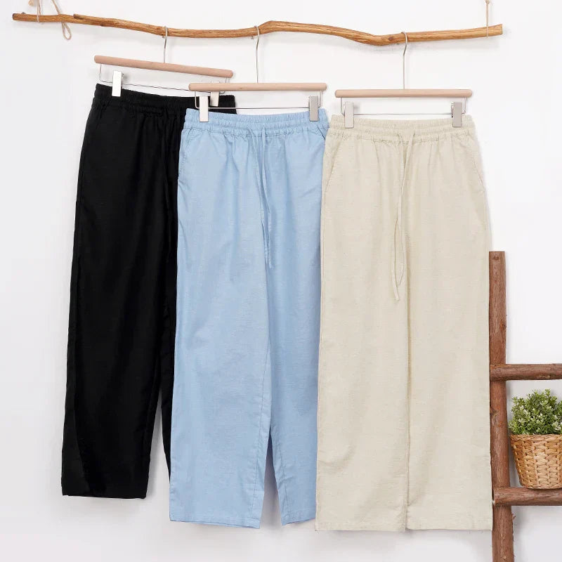 Women’s cotton linen wide-leg drawstring trousers by Christine Brewer, loose pull-on pants with relaxed fit and comfortable style.