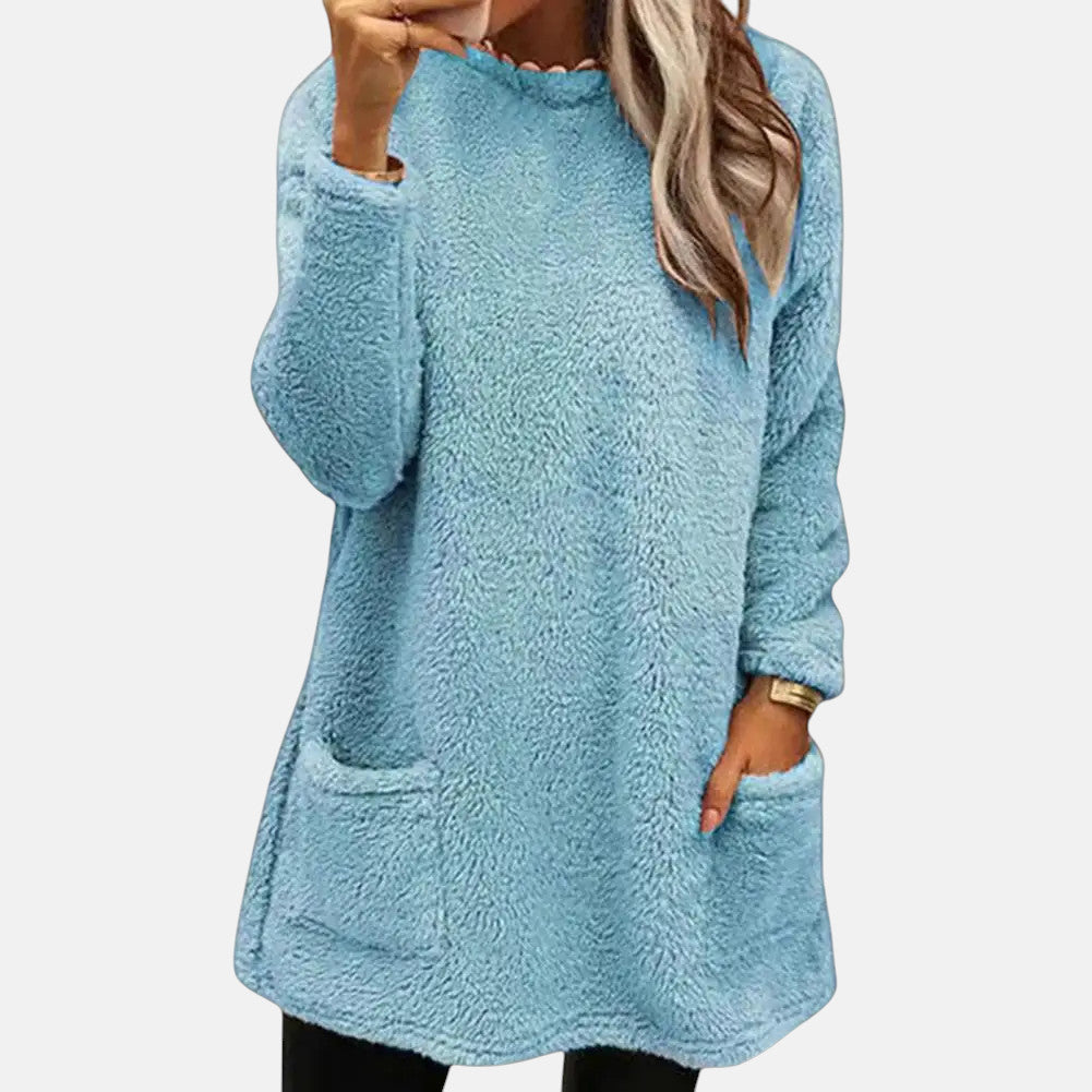 Estelle knit sweater for women by Christine Brewer, featuring a cozy, textured design in soft, neutral tones.