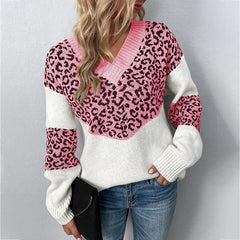 Hailey V-neck leopard print sweater for women by Christine Brewer, featuring a cozy fit and stylish animal print pattern.