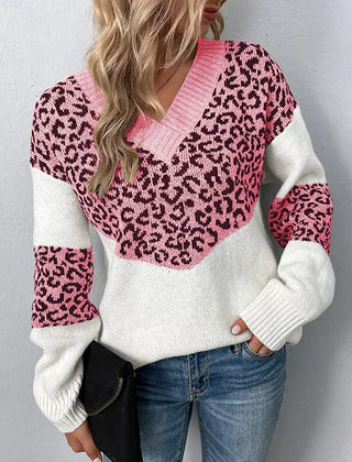 Hailey V-neck leopard print sweater for women by Christine Brewer, featuring a cozy fit and stylish animal print pattern.