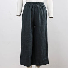 Light beige linen cropped wide-leg drawstring trousers for women, loose pull-on style by Christine Brewer.