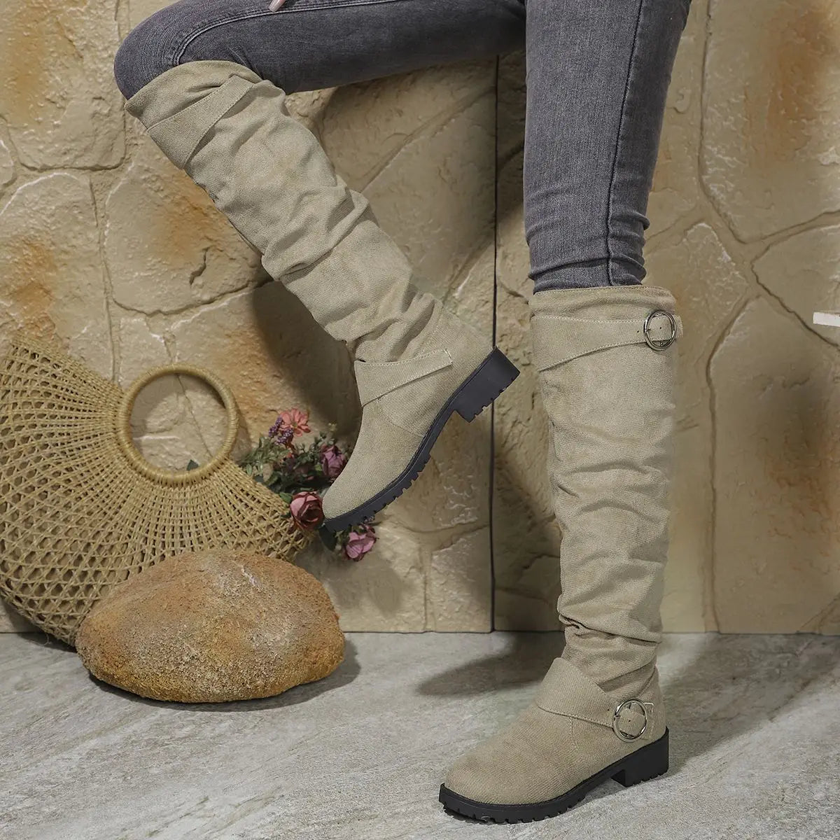 Alicia | Knee High Boots Tall Boots Riding Boots Women Winter Fall Slouchy Buckle Block
