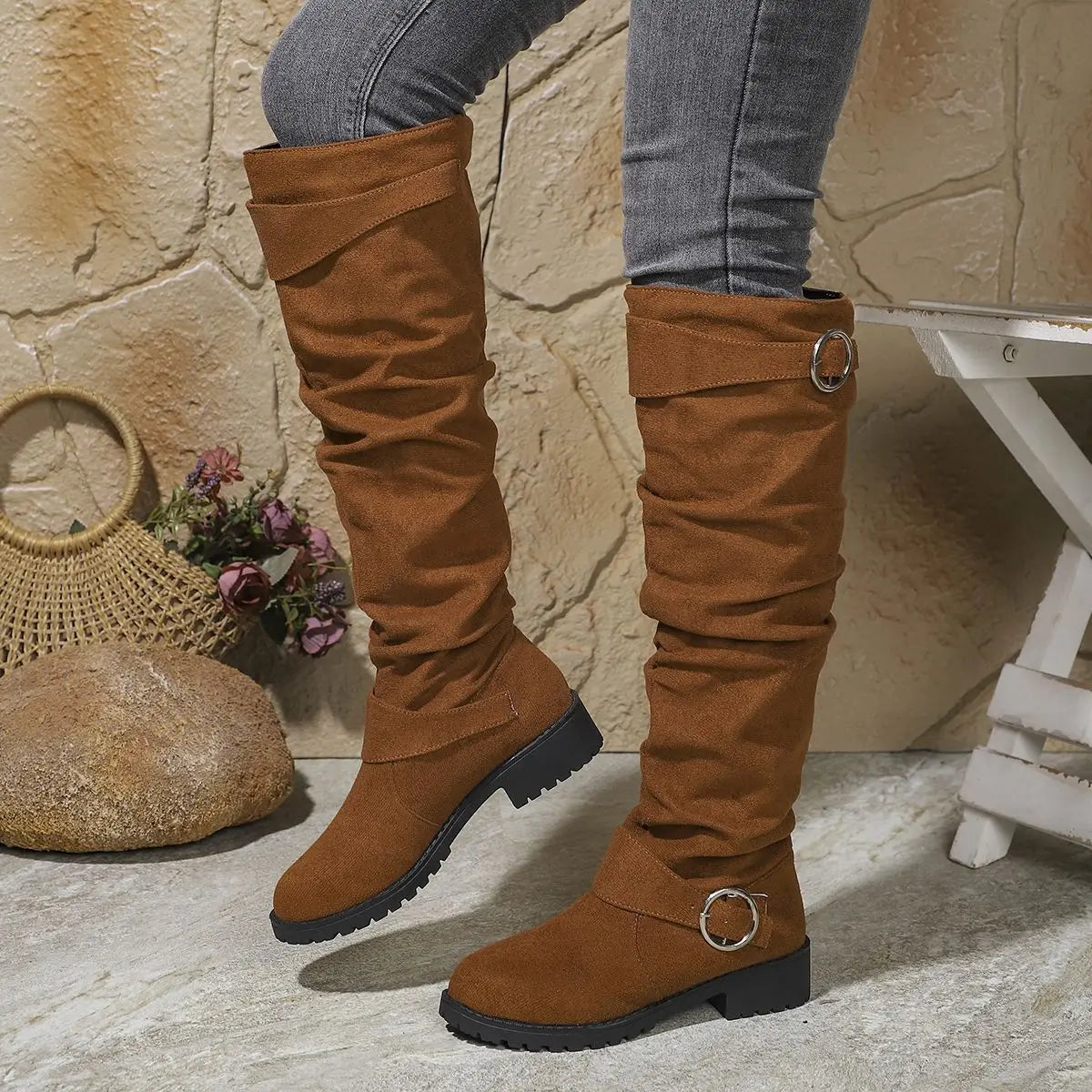 Alicia | Knee High Boots Tall Boots Riding Boots Women Winter Fall Slouchy Buckle Block