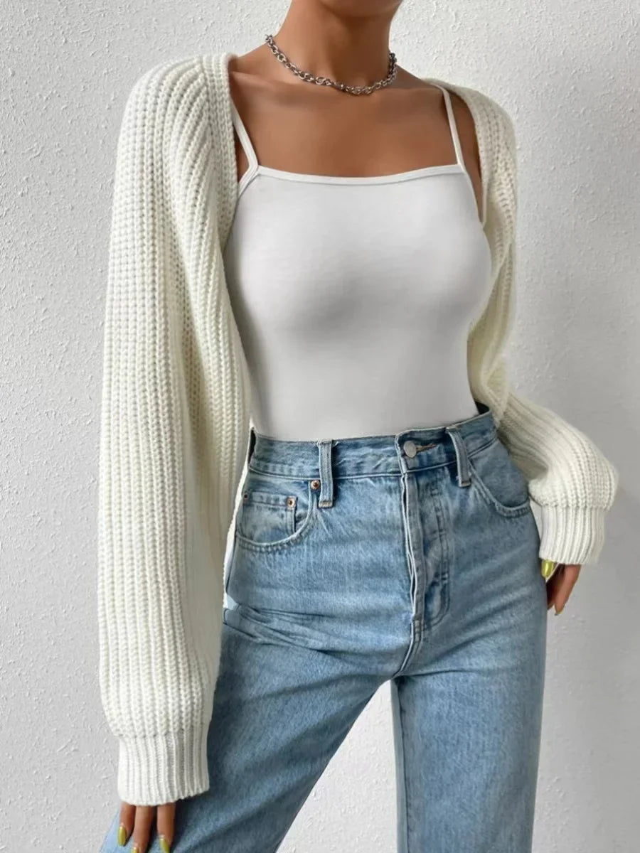Lola | Cropped Cardigan Knit Shrug Bolero Ribbed Knit Raglan Sleeve Open Front Loose Fit