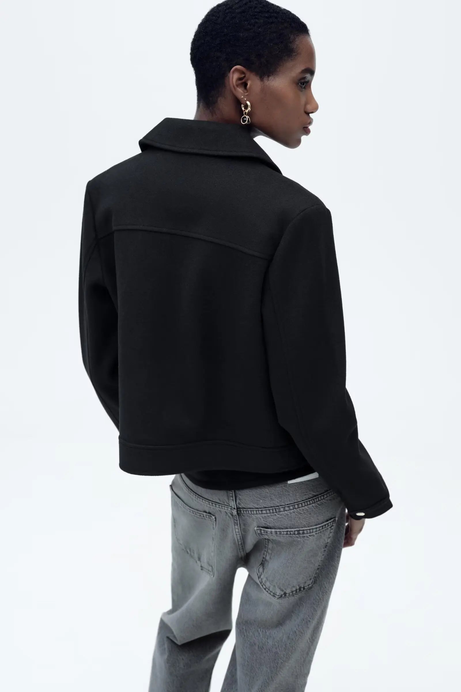Women’s Isla cropped zip-up utility jacket by Christine Brewer, featuring a stylish utility design with multiple pockets and a zip closure.