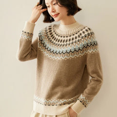 Christine Brewer Jolene cashmere mock neck sweater for women, soft beige color, close-up of cozy knitted fabric