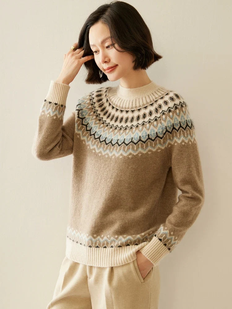 Christine Brewer Jolene cashmere mock neck sweater for women, soft beige color, close-up of cozy knitted fabric