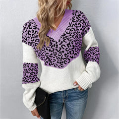 Hailey V-neck leopard print sweater for women by Christine Brewer displayed on a model, featuring a stylish, cozy knit design.